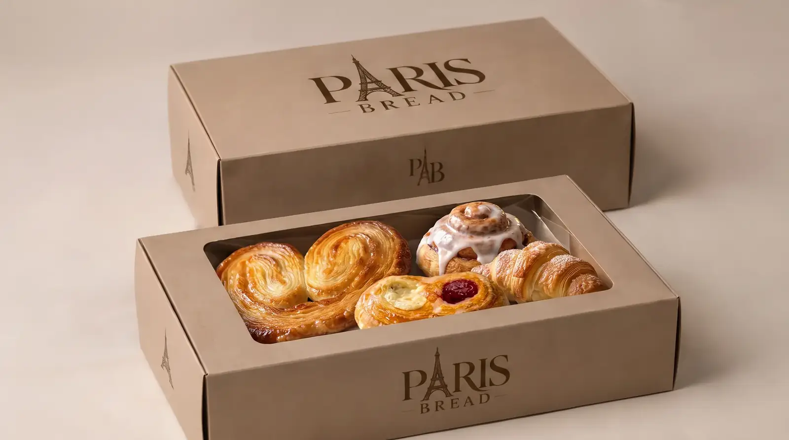 Dos cajas Paris Bread, una abierta con panes